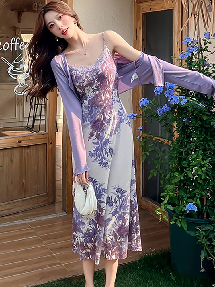 女性グリーンジャカード花スリングセクシーなドレス + トップシャツ 2 点セット 2025 夏の新韓国ファッションエレガントなボディコンドレスセット