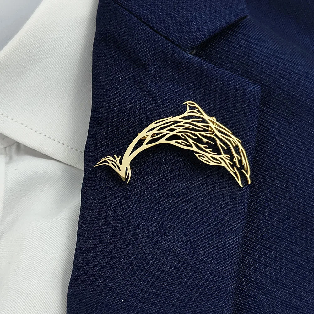 

Original design branch dolphin hollow stainless steel gold-plated 18K brooch, suit lapel pin, men's formal dress accessories