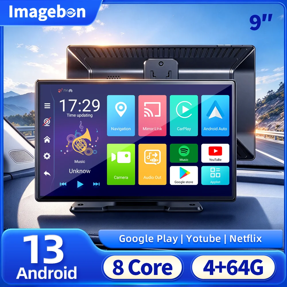 Imagebon 9'' Android All-in One 4+64G 8 Core Wireless CarPlay Android Auto Car DVR Google Play GPS Navigation Rearview Camera