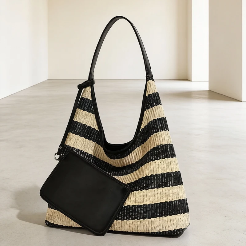 Beach Straw Hobos Bags For Women Luxury Designer Handbag And Purses 2026 New In Grass Knitting Striped Pattern Underarm Shoulder