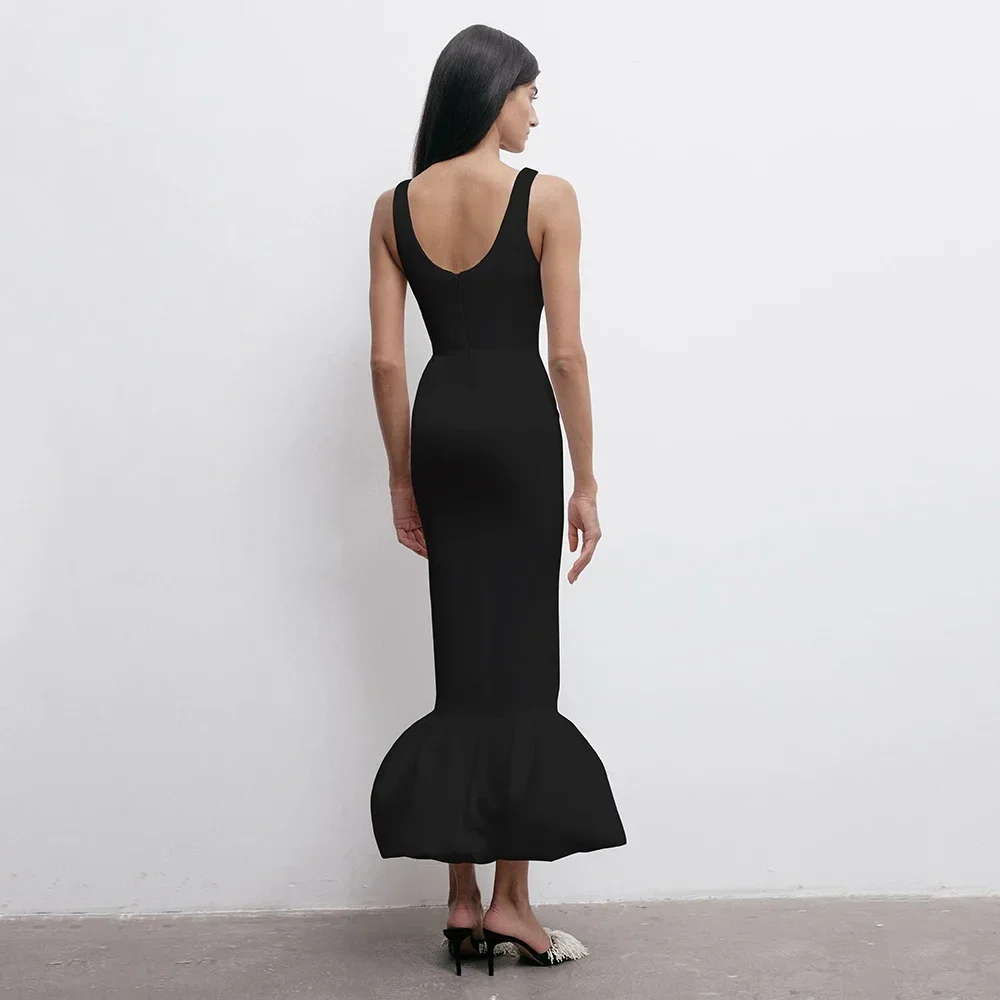 2024 New Women's Black V-Neck Sexy Mermaid Pearl 3D Flower Long Bandage Dress Elegant Celebrity Party Dress