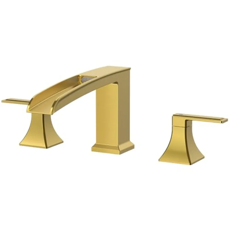 

Garden bathroom waterfall bathtub faucet set, brushed gold brass, 3-hole widespread deck mount with 2 handles and pre-installed