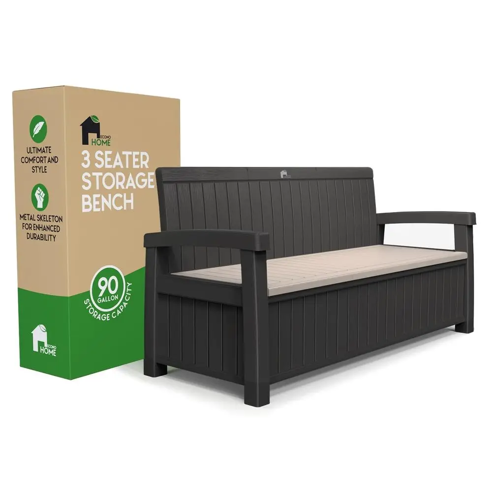 

3 Seat Outdoor Storage Bench 90 Gallon Capacity Weatherproof Resin Bench for Patio, Porch, Garden, Yard, Pool Area Furniture fo