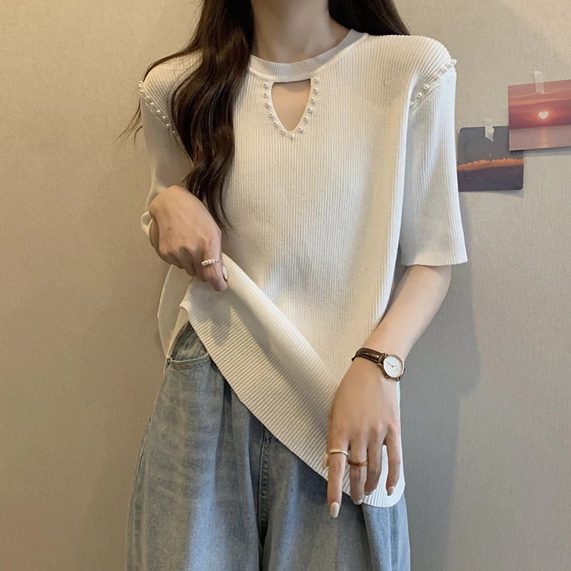 Beading Women Fine imitation wool sweaters O neck Short sleeve Threaded cuffs Pit Bar Style high-quality Loose fit pullover