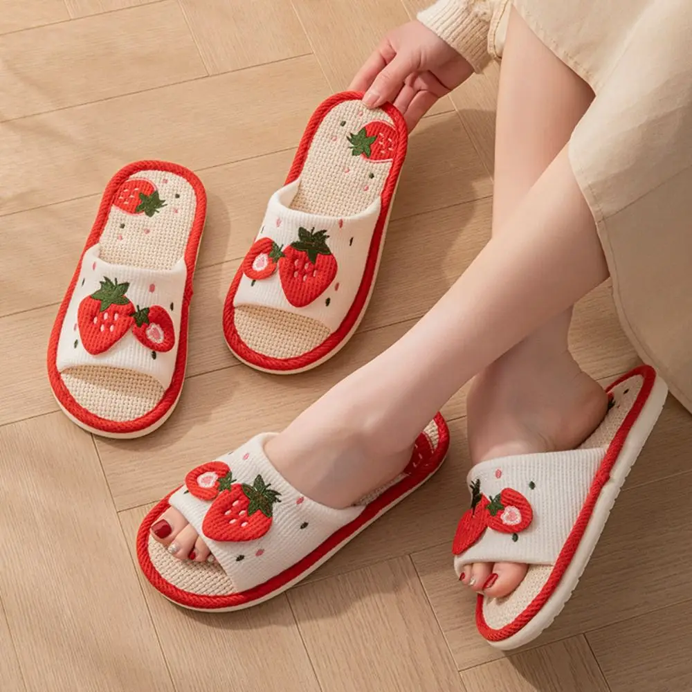 

Kawaii Soft Sole House Linen Slippers Flax Anti Slip Strawberry Slippers Women Breathable Open Toe Sweet Indoor Slippers Bedroom