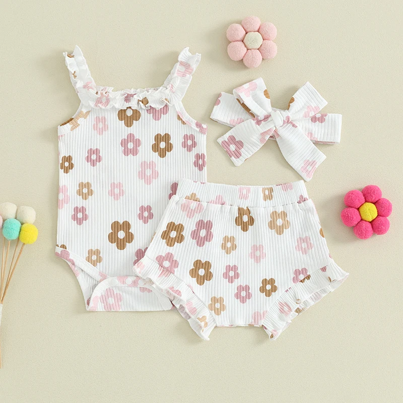 Newborn Baby Girl Summer Outfits Rainbow Floral Romper Strap Knit Bodysuit Elastic Waist Ruffle Shorts Set