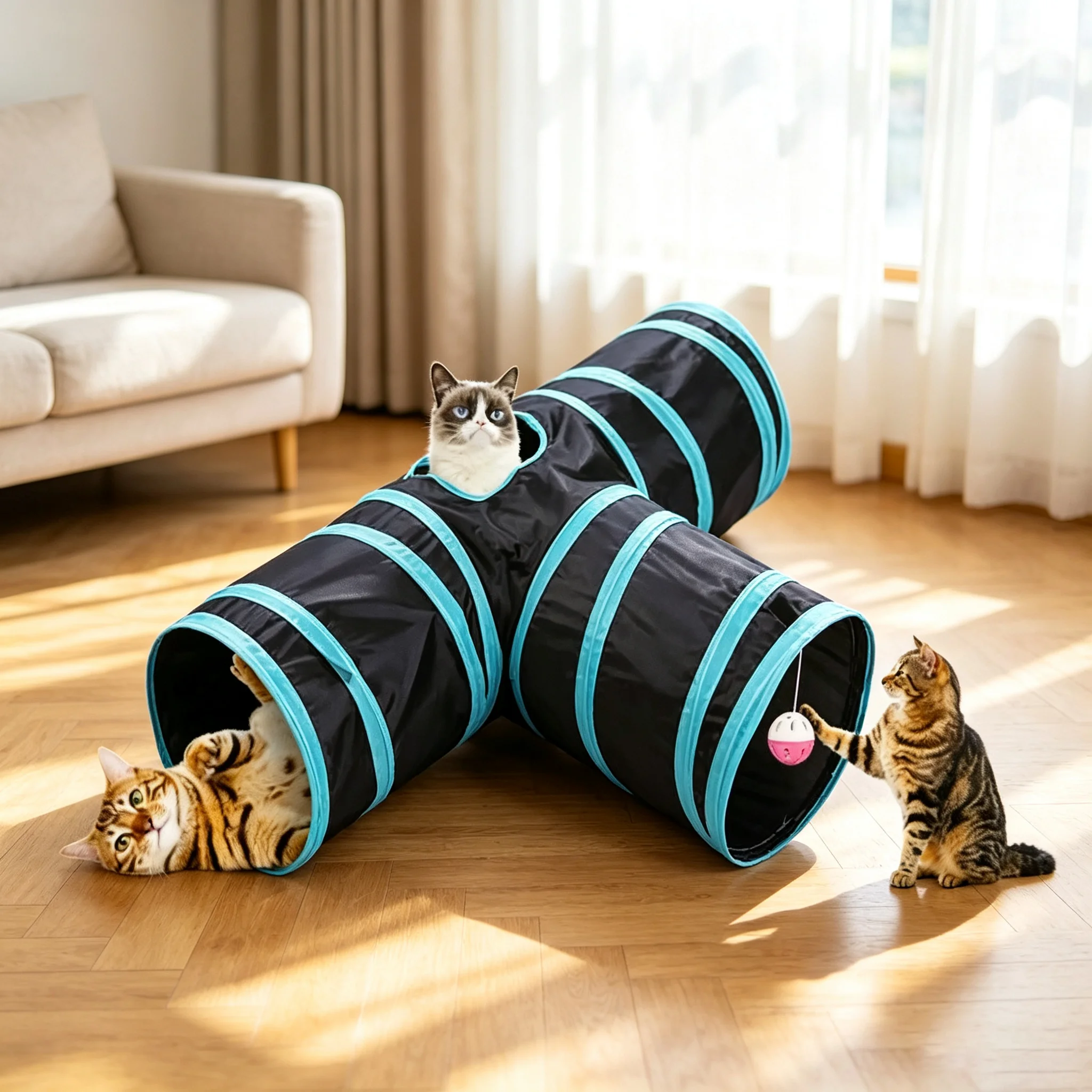 Wholesale New Design Extended Black Three-Way Cat Tunnel Toy, New Shaped Faucet Pet Passage Cat Toy, Rolling Dragon Toy