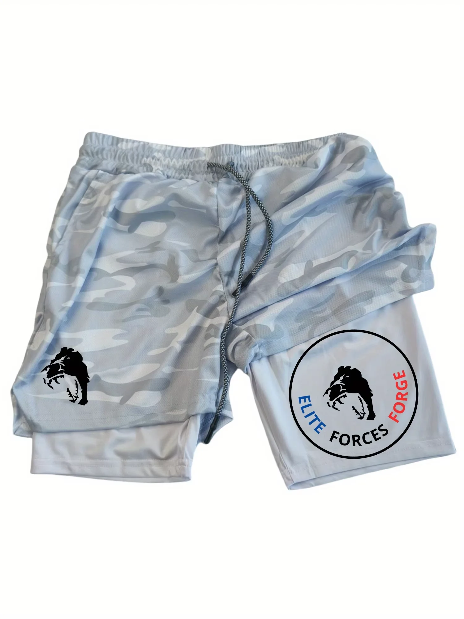 

Men's Sports Shorts Double Layer Quick-Dry Special Forces Training Design Tiger Head ELITE FORCE FORGE Print Drawstring Waist