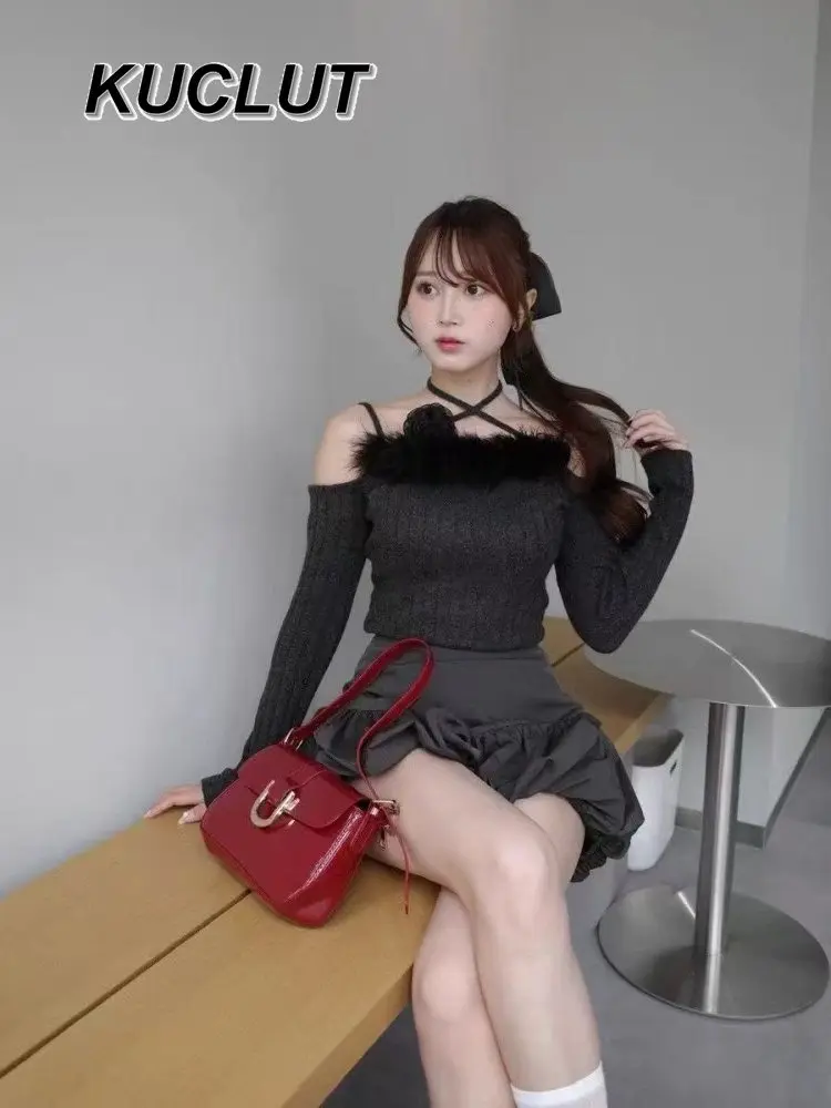 الرسن الرقبة المرقعة خارج الكتف سليم محبوك أعلى النمط الياباني ربيع الخريف طويلة الأكمام البلوز البلوزات للنساء