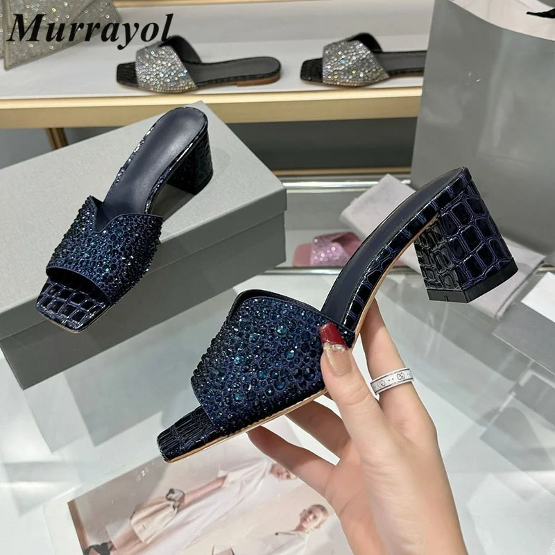 

Slippers Women Genuine Leather Rhinestone Decor Sandals Square Toe Open Toe Square Heels Dress Shoes Summer Vacation Shoes