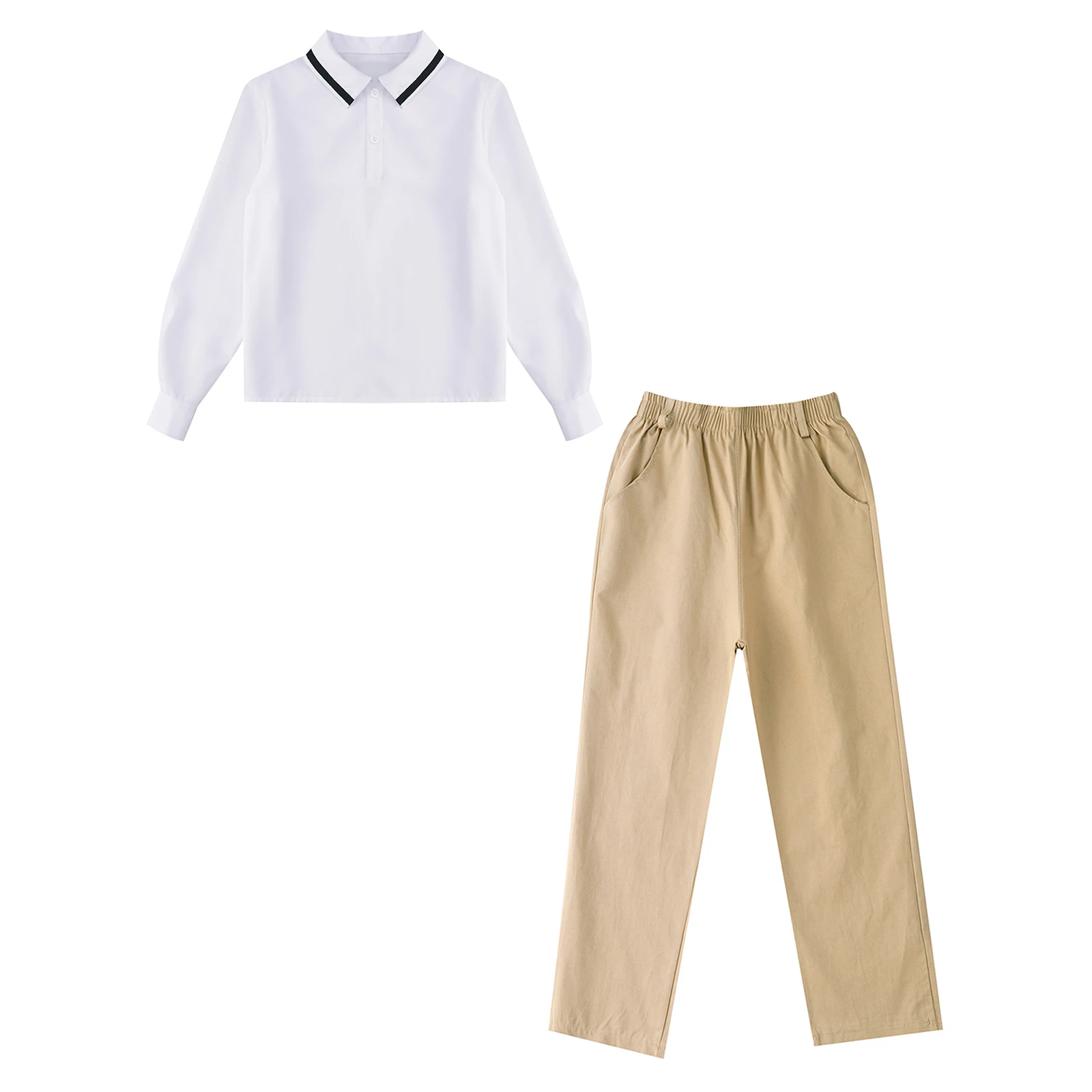 

Unisex Boys Girls School Uniform Outfit Solid Color Turn-Down Collar Long Sleeve Pullover Shirt+Pants Preppy Style Kids Clothes