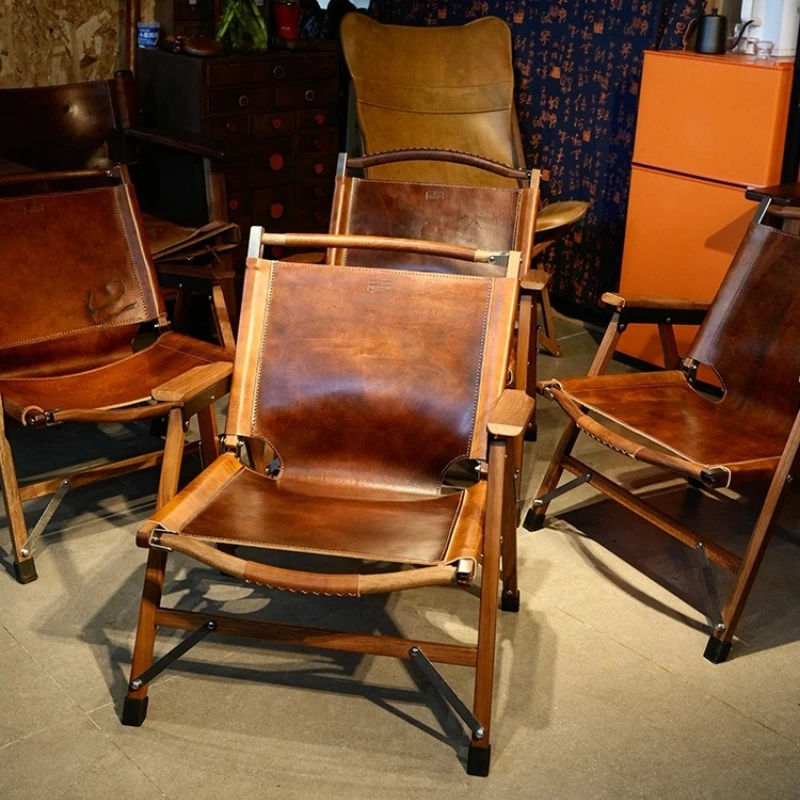 

Solid wood outdoor camping Kermit first-layer cowhide portable folding chair