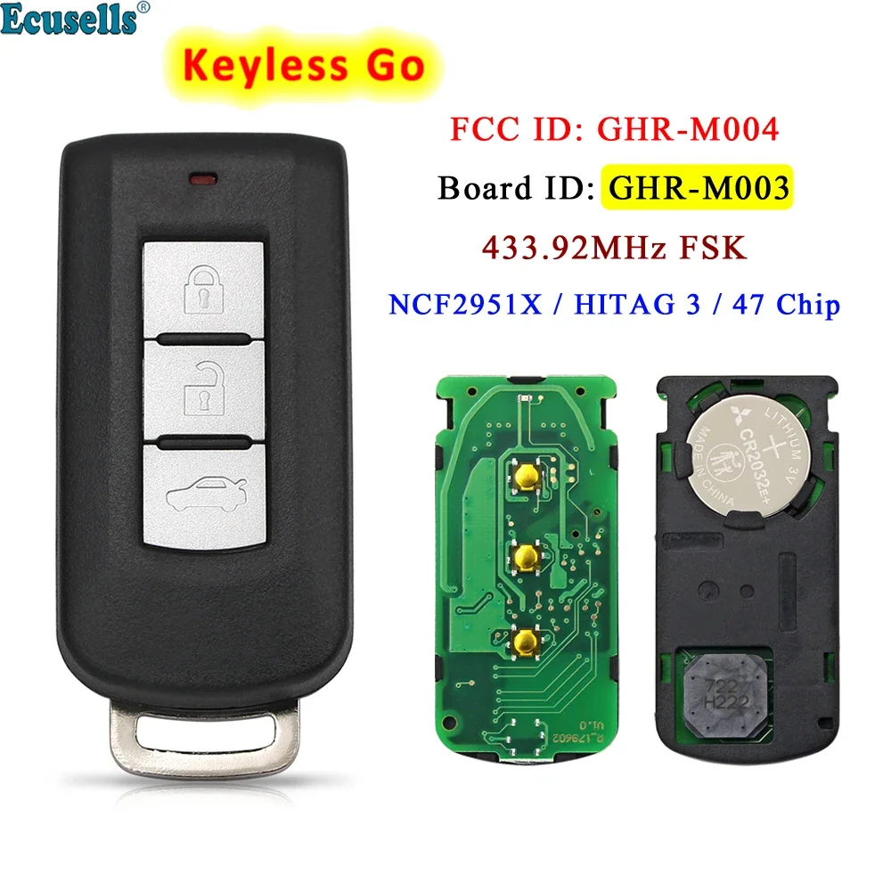 

3 Button Smart Keyless Go Remote Key 433MHZ ID47 chip for Mitsubishi Pajero Sport L200 Montero Outlander GHR-M004 GHR-M003