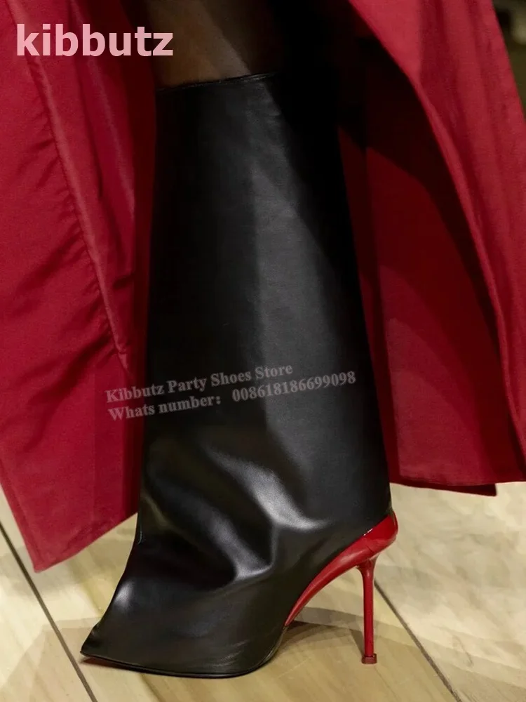 Rider Knee High Boots Shaped High Heel Novelty Leather Pointed Toe Sleeve Solid Black Slip-On Women Fashion Runway Show Sexy New
