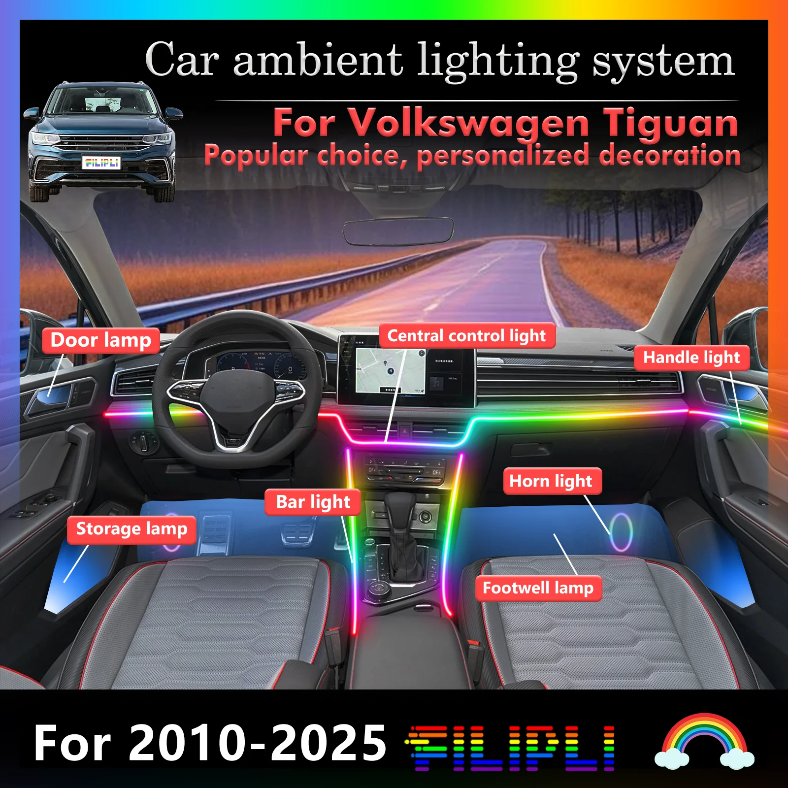 

For Volkswagen Tiguan Car Interior Decorative Ambient Light RGB 64-Color LED Smart Remote Control Energy Saving Efficient Set