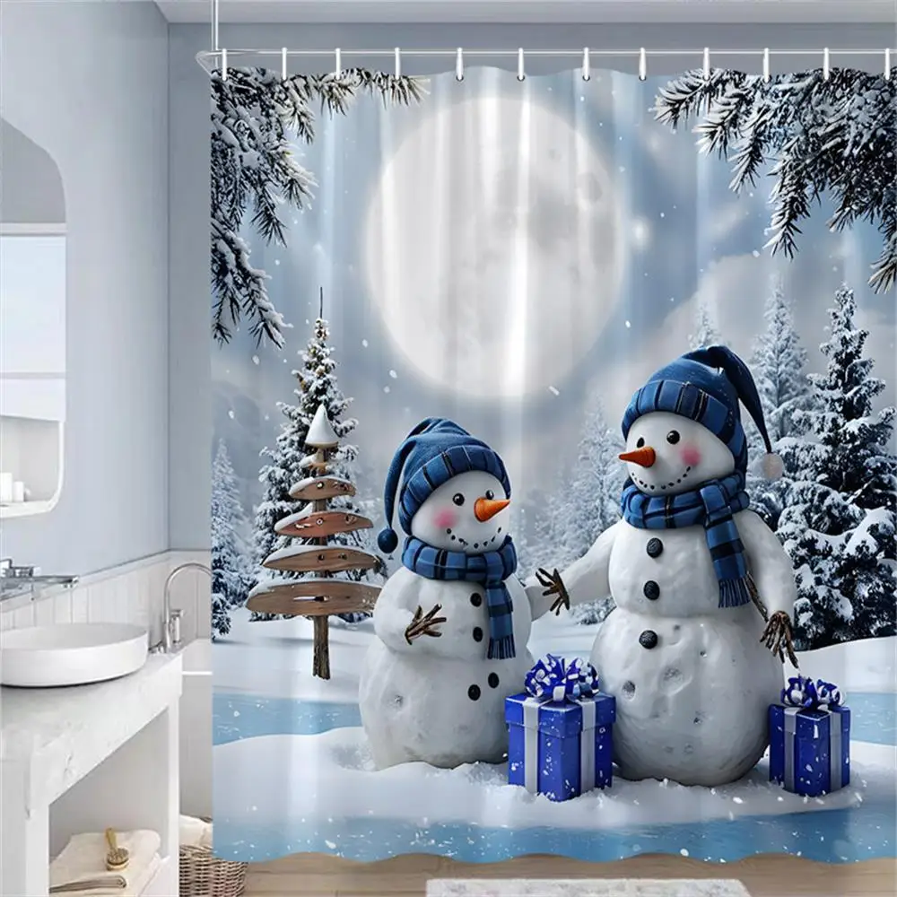 Cute Blue Snowman Christmas Shower Curtains Xmas Gift Winter Forest Cedar Nature Scenery Home Bathroom Decor Bath Curtain Set