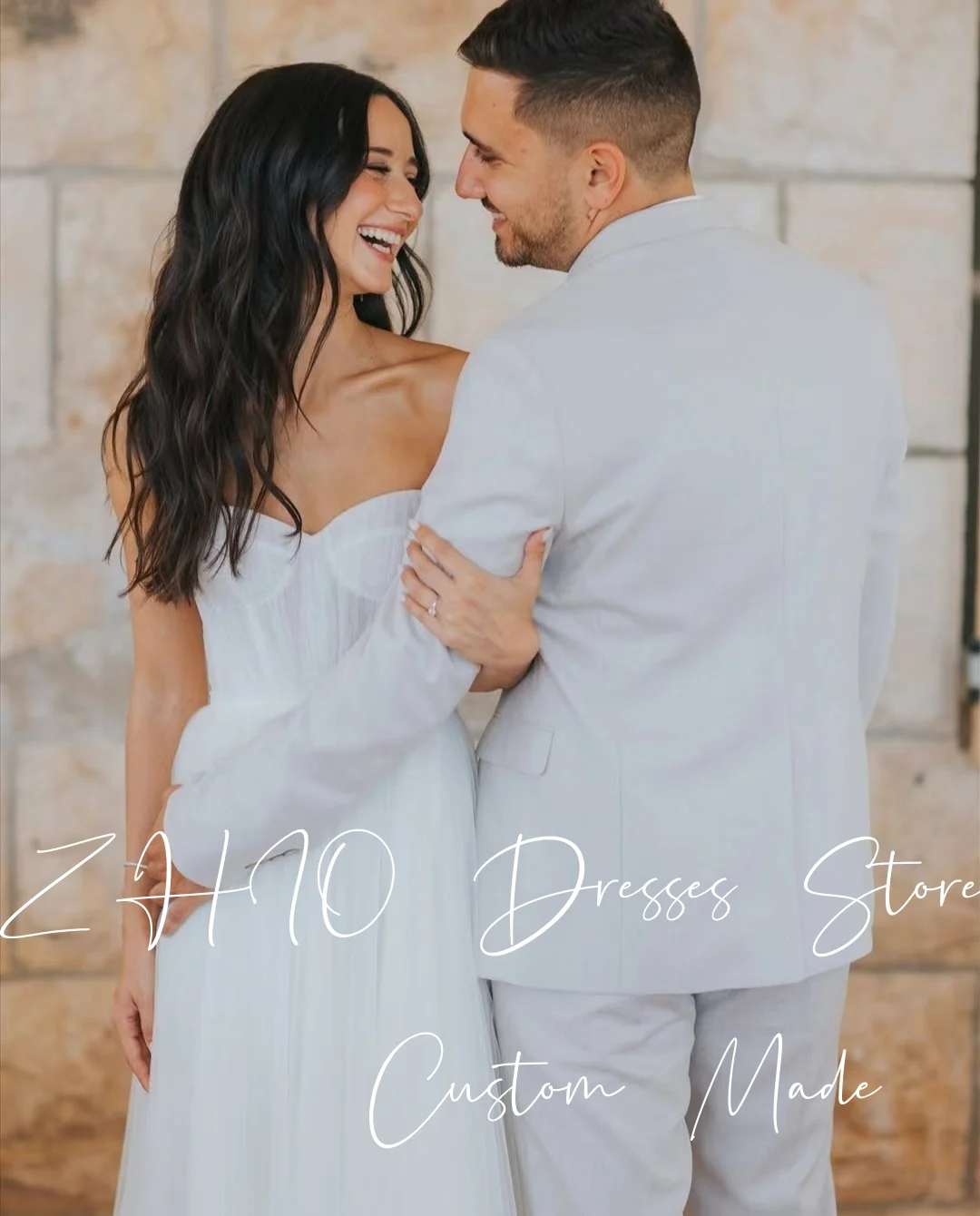 ZHIO ชุดเจ้าหญิงงานแต่งงานที่ไม่มีสายหนัง A-Line ความยาวชั้นด้านข้างสีขาว Tulle ชุดเจ้าสาวที่กําหนดเองง่าย Robe De Mariée