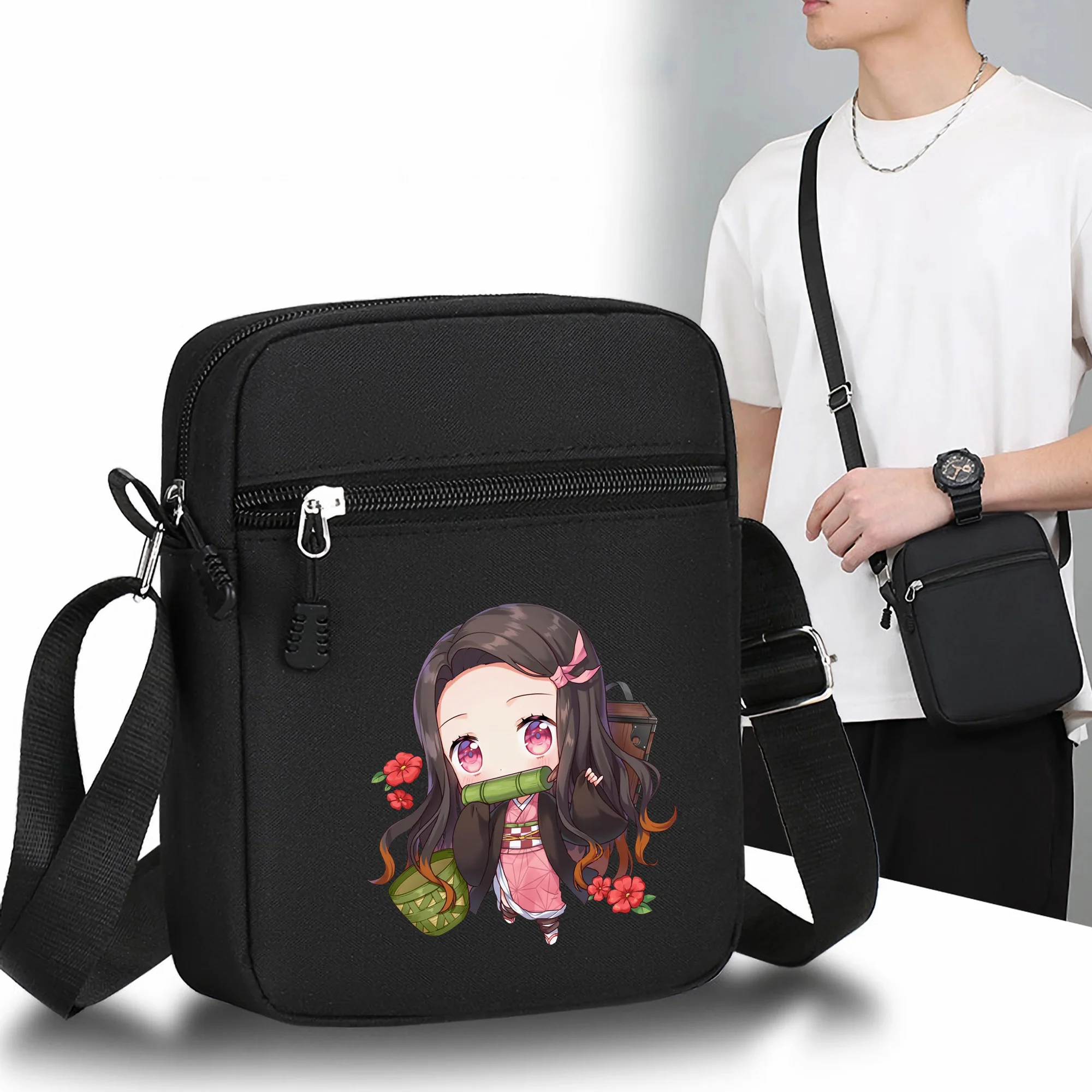 Demon Slayer Pattern Mini Oxford Crossbody Bag Fashion Shoulder Bags Adjustable Strap Black Crossbody Bag Sports Travel Style