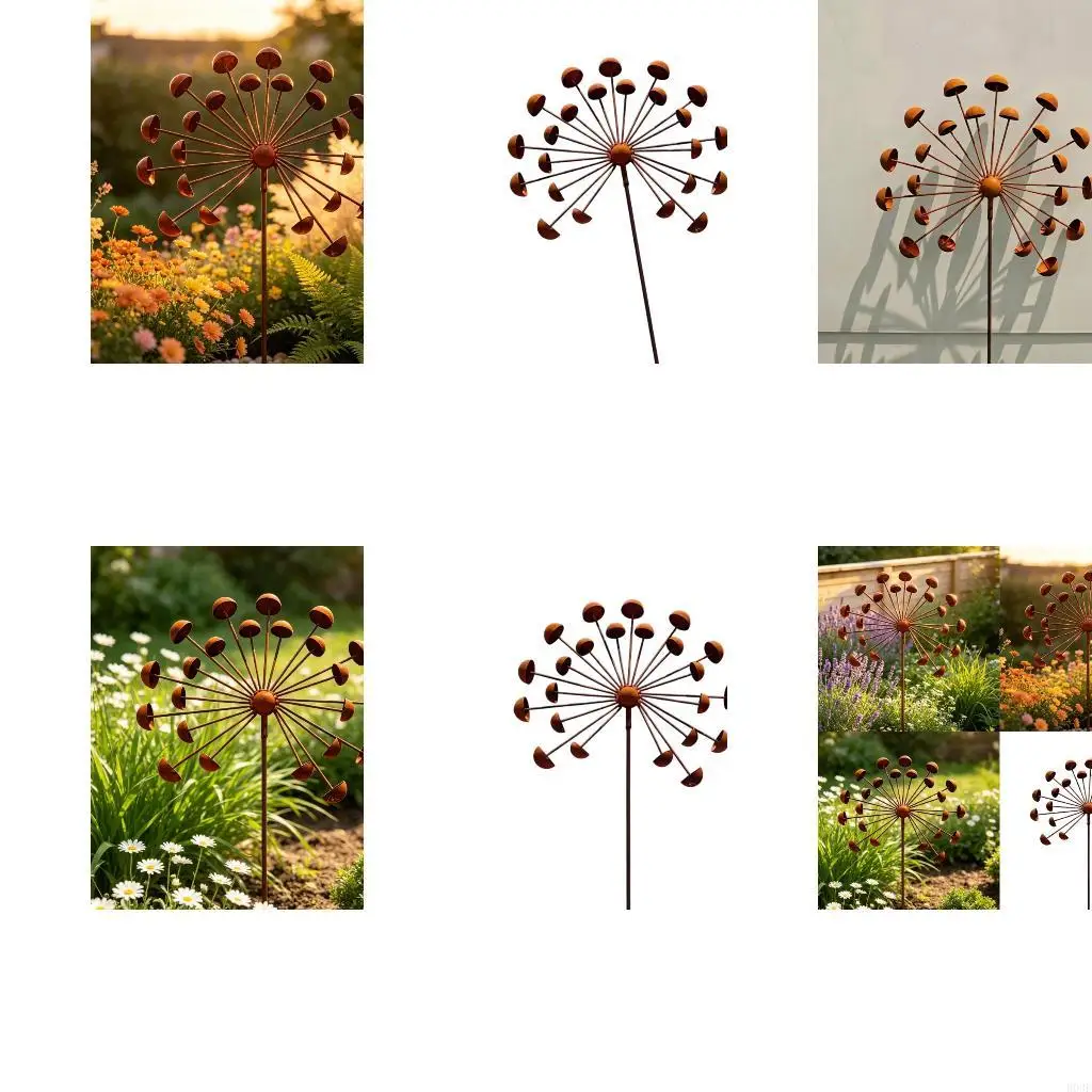 Button Flower Metal Garden Stake, Aged Brown Outdoor Waterproof Spinner 27.5 x 77.5cm for Lawn Soil Insert, Open Ground, Garden