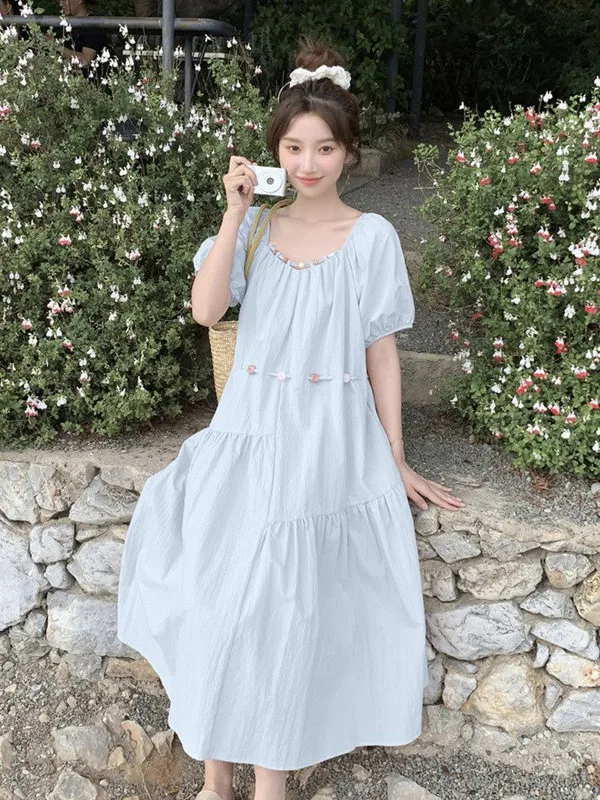 

Sweet Bubble Sleeve Short Sleeve Women's Dress Knee-Length A-Line Long Dress plus Size Summer Casual Korean Style Polyester F...
