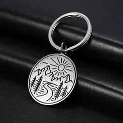 Stainless Steel Keychain Landscape Lover Pendant Mountain Scenery Car Bag Round Keyring for Women Men Jewelry Birthday Gifts New