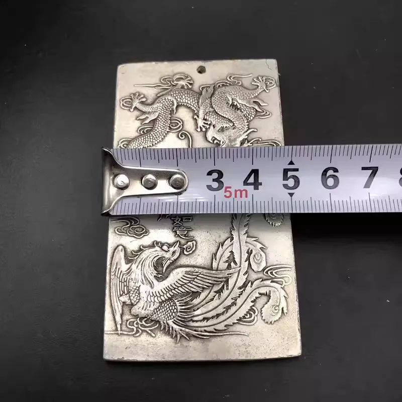Elaborate Chinese Old Tibetan Silver Dragon Phoenix Statue Amulet Auspicious Plate view 6