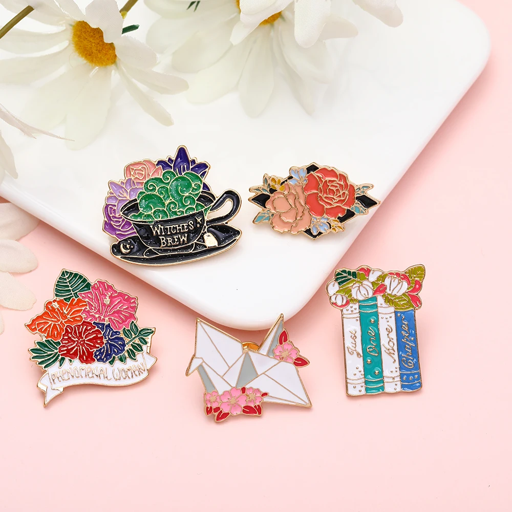 Pretty Flower Paper Cranes Golden Alloy Brooches Just One More Chapter Phenomenal Woman Witches Brew Pins For Girls Clothes Bag