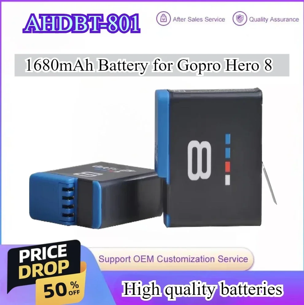 

1680mAh Battery for Gopro Hero 8 Black Battery Pack Akku AHDBT-801 Hero 8 Black Gopro Accessories for Hero5 Hero6 Hero7