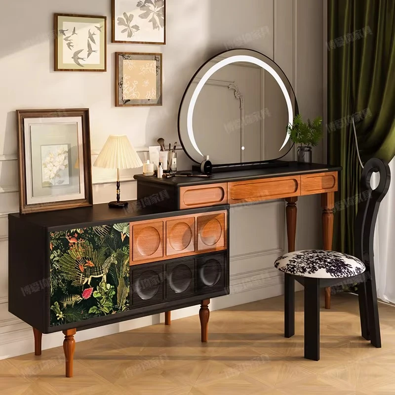 Tocador de Maquillaje Negro con Almacenamiento, Estilo Nórdico, Organizador de Madera, Cómoda con Cajones para Dormitorio, Mesa de Belleza, Muebles para el Hogar
