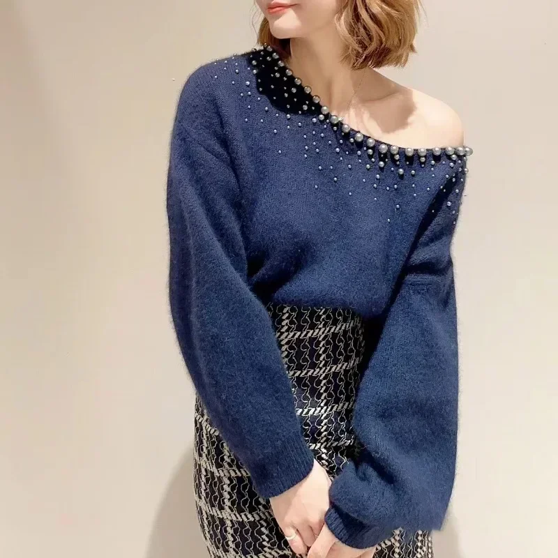 Long Bat Sleeve Ropa Mujer Japanese Pearl Sweater Spring Womens Clothing  Round Neck Pullover Tops Gentle Women Knitwears