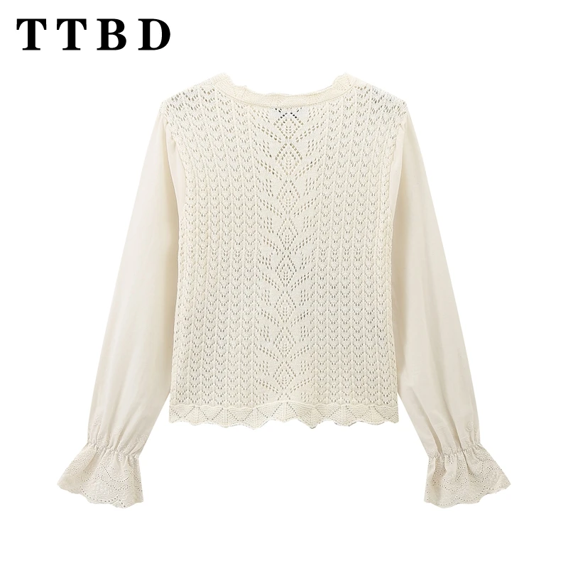 TTBD 2024 Fall New Women\'s Knitted embroidery patchwork pullover sweater blouse women O Neck Trend Short Shirt Long Sleeve top