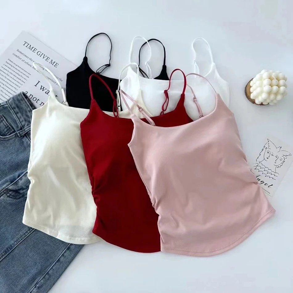 Girls Versatile Solid Color Shoulder Strap Camisole Vest with Chest Cushion Summer Girls Thin Sleeveless Top Underwears