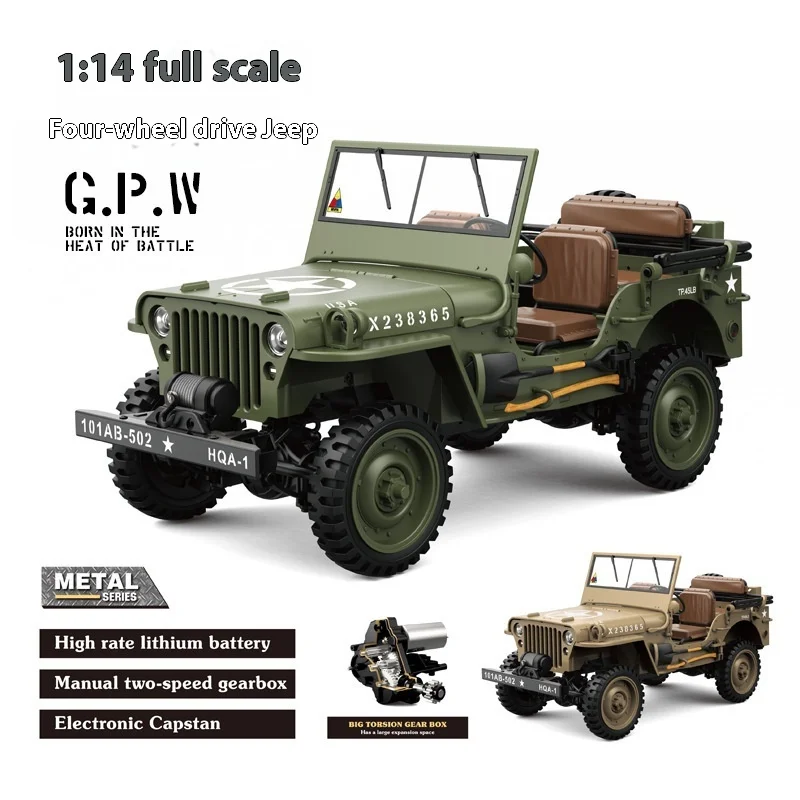 

【New】1:14 Rc Car Willys Remote Control Vehicle Rtr 4wd Climbing Scale Military Truck Off-Road Crawler Adult Toy Gift For Kids