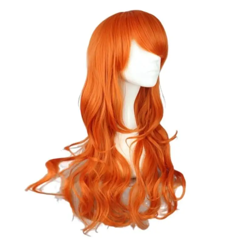 Japanische Anime-Piraten-Themen-Nami-Cosplay-Perücke für Frauen, orange, lang, gewellt, lockig, mit seitlichem Pony, hitzebeständige synthetische Perücke