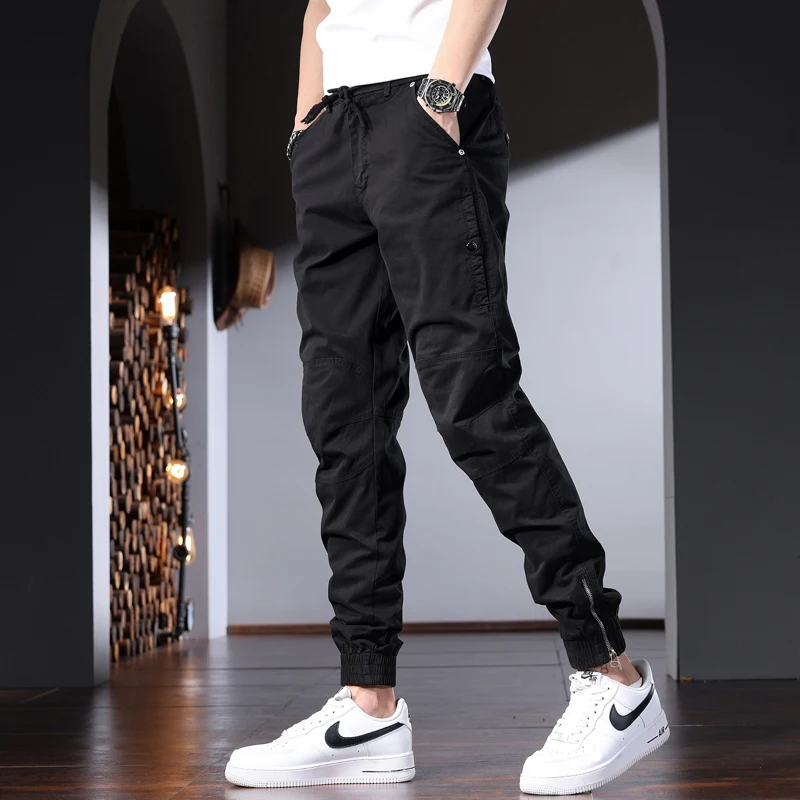 

Men's Black Cotton Cargo Pants Tactical Streetwear Sports Slim Fit Elastic Waist Drawstring Jogging Trousers