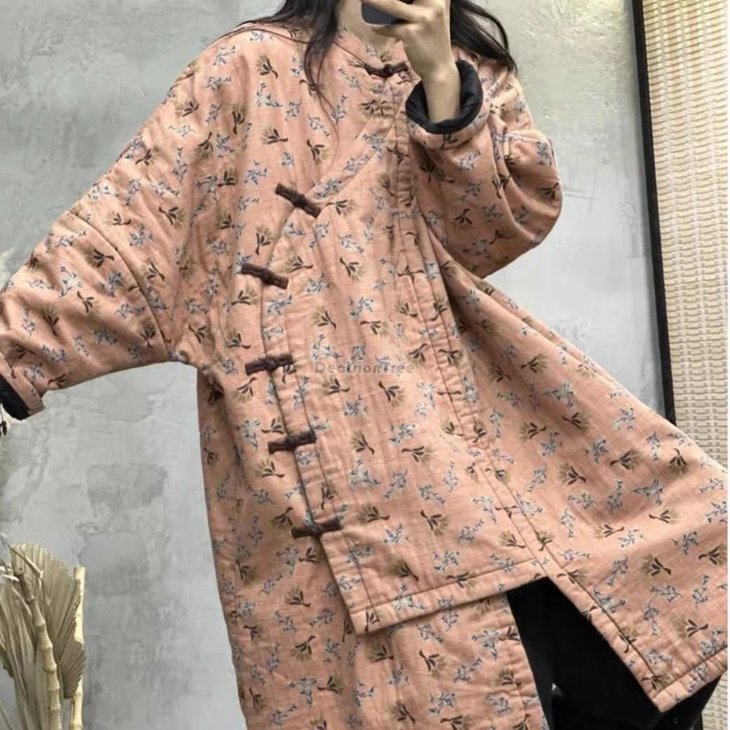 2024 leisure style loose comfortable medium length cotton linen coat chinese style printed plush warm clothing retro daily coat