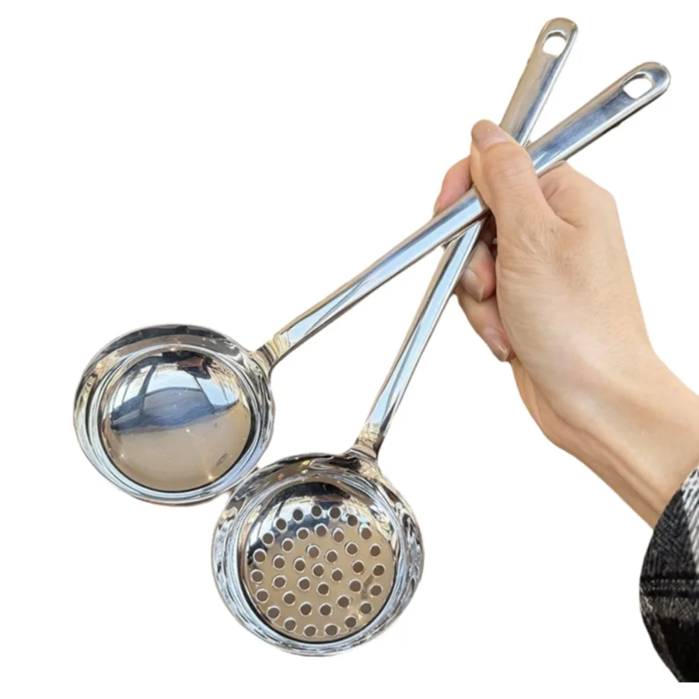 

Household Stainless Steel Soup Spoon Deepened Long Handle Slotted Spoon Flat Bottom Rust-proof Hot Pot Scoop Home