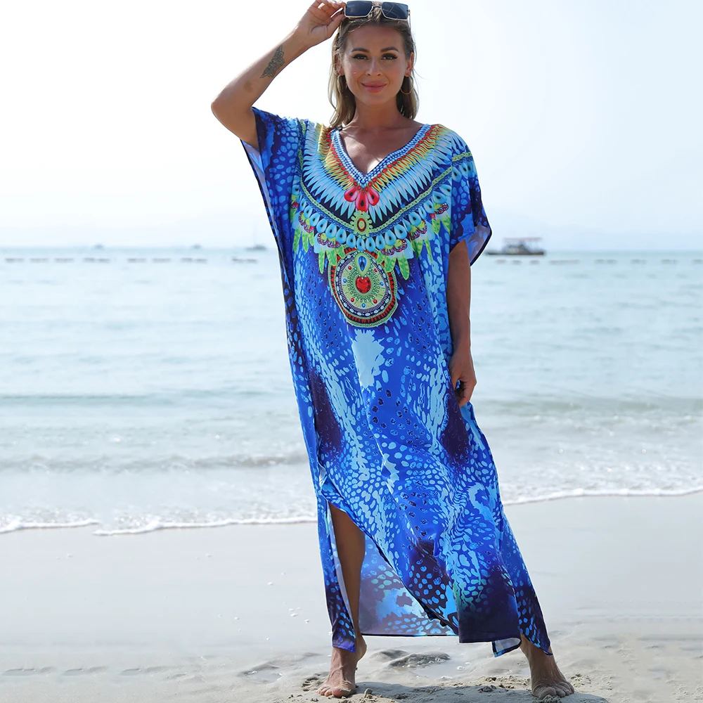 Styl Boho okrycie, Plus rozmiar figura wzór dekolt z dekoltem w szpic sukienka sukienka plażowa