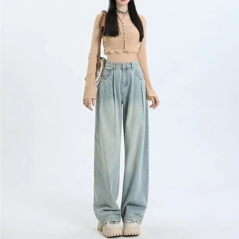 

New Pleated Wide Leg Jeans for Women in Spring and Autumn Loose Fit High Waist Slimming Jeans Retro Straight Leg