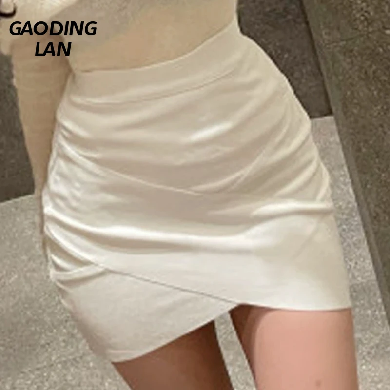 

GAODINGLAN Temperament Slim Fit with Lining Women Skirt Versatile Solid High Waist Irregular Wrinkle Mini Hip Wrap Skirts Female