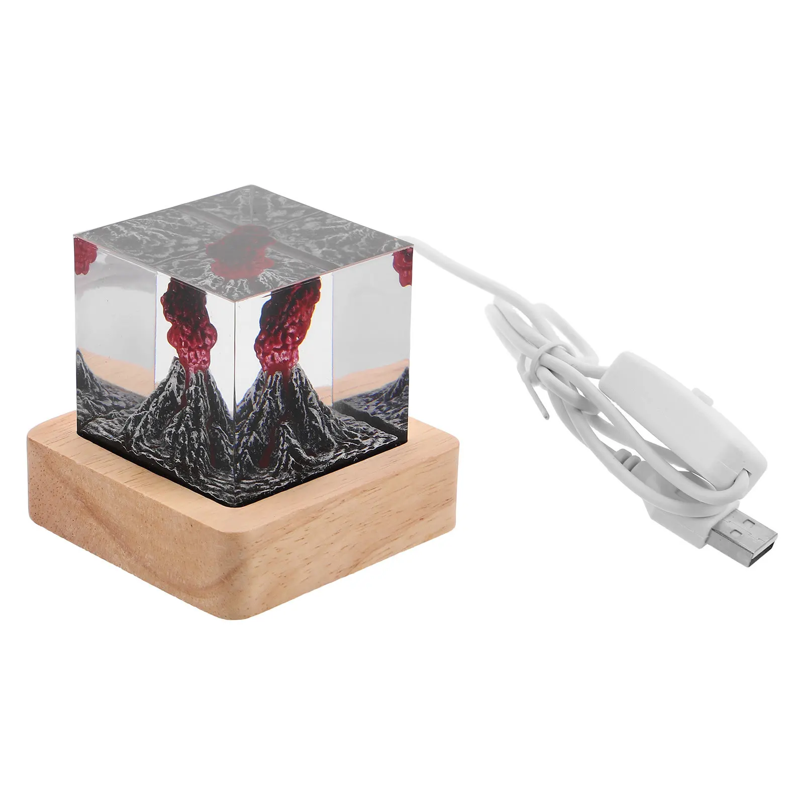 Volcano Cube Night Light Resin Lamp 2x2inch Wooden Base USB Cable Bedroom Living Room Warm Atmosphere Eruption Gift