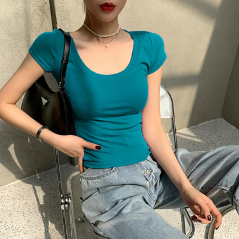 

Женская футболка Nütei с коротким рукавом из чистого хлопка, с U-образным вырезом, облегающая, укороченная, универсальная, базовая, с круглым вырезом