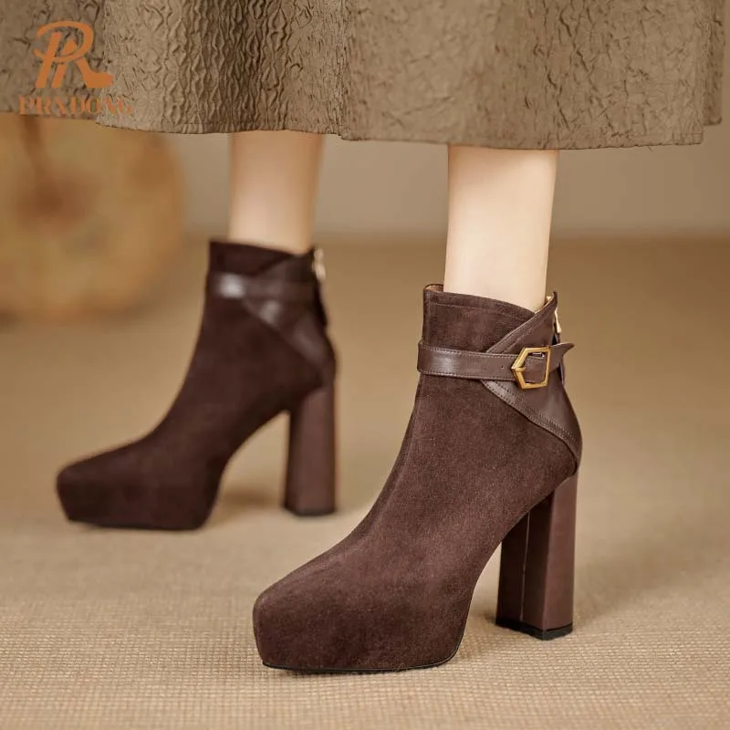 PRXDONG 2024 New Summer Brand Genuine Leather Autumn WInter Warm Ankle Boots Chunky High Heels Platform Black Brown Dress Shoes