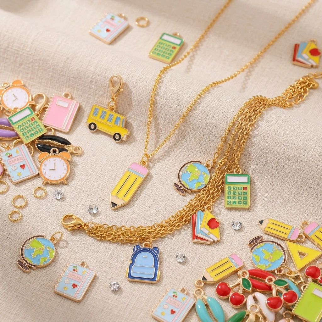 10Pcs School Theme Series Charms Drip Oil Globe Pencil & Backpack Pendants with Lobster Clasps for DIY Jewelry Making Supplies