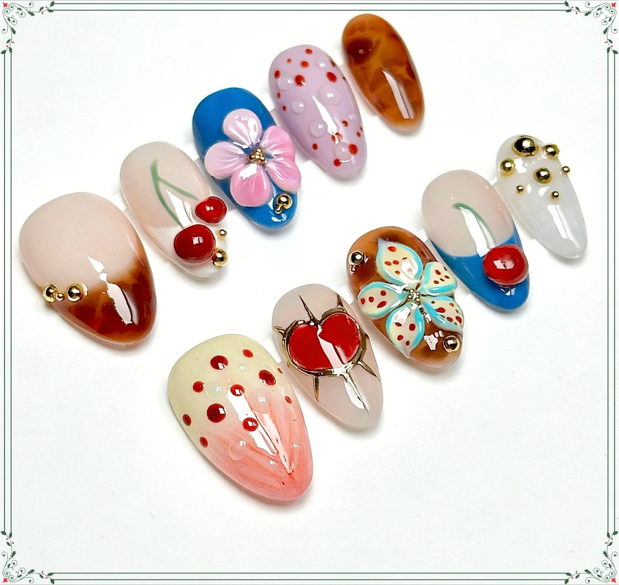 

24PCS Almond Shape Press on Nails 3D Flowers Heart Cherry Leopard False Nails French Luxury Elegant Gilded Removable Manicure 네일