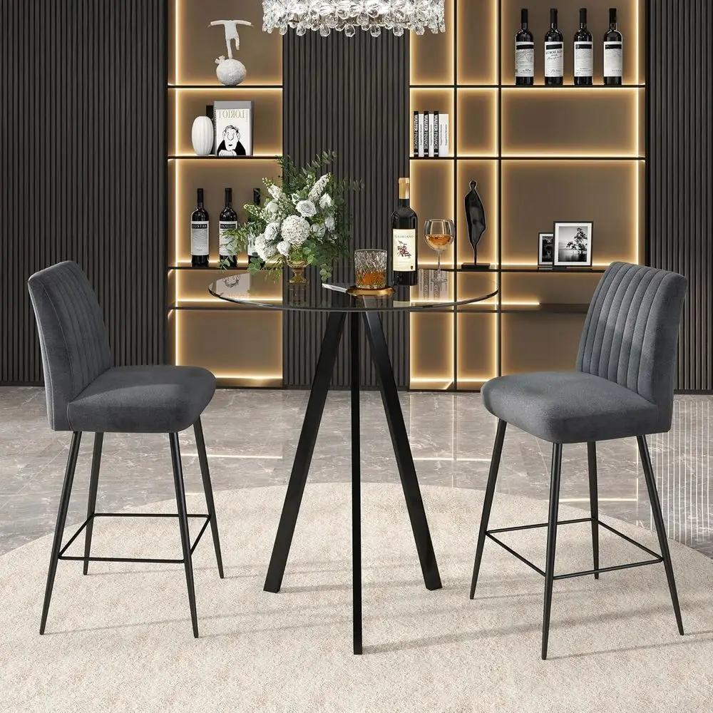 

Set of 3 Grey Upholstered Bar Stools, 31.5 Glass Top Pub Table, and 26 High Counter Stools for Modern Kitchen & Cafe