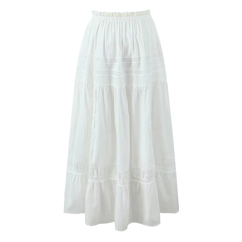 YENKYE New 2025 Women French Style Romantic Spliced Lace White Long Skirt Ribbon Elastic Waist A-line Summer Skirts Holiday