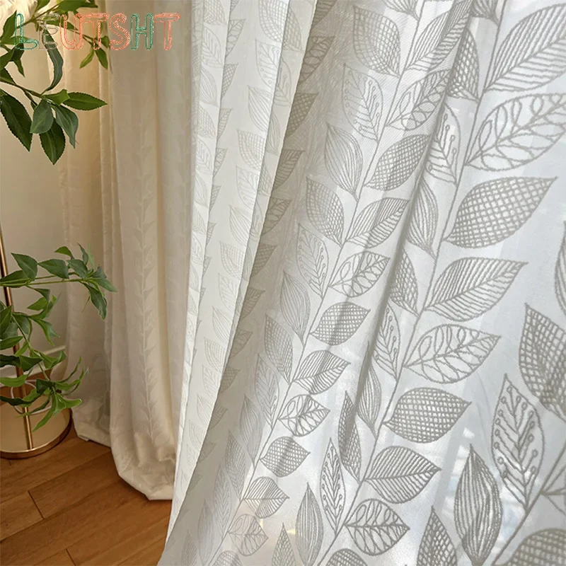 French Cream Style Leaf Three-dimensional Relief Living Room Window Screen New Light-transmitting and Opaque Tulle Curtain