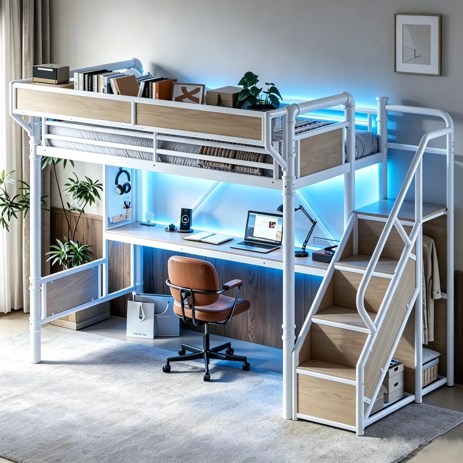 Metal Loft Bed Twin XL with Storage Stairs, Desk & LED Light Strip, White, Customized