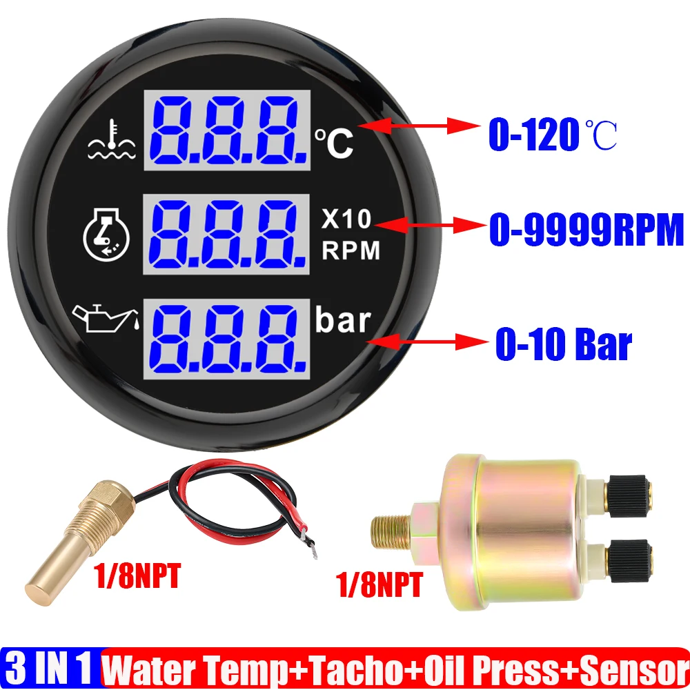 Blue LED Digital 52mm Gauge 3 IN 1 Multifunctional Water Temperature Gauge Tachometer Oil Pressure Meter with Sensor Alarm 9-32V